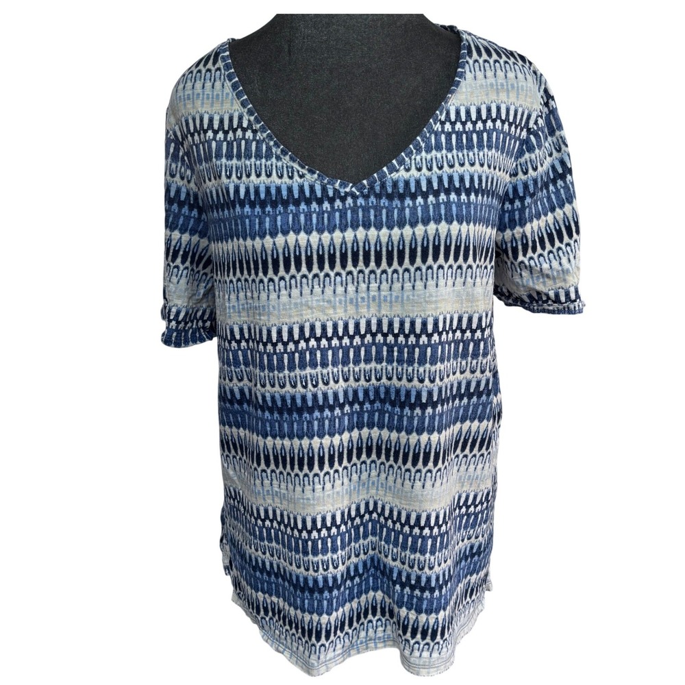 Chico's Slub Knit Boho Coastal Tee Blue Geometric V-Neck Short Sleeve 2 (US L)
